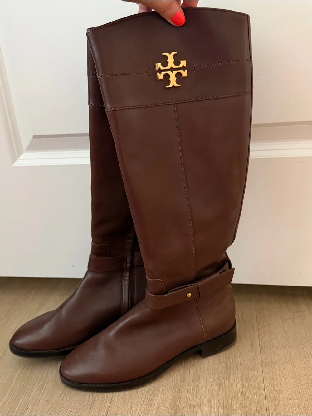 Tory Burch Chestnut Brown Leather Tall Riding Boots with Gold Logo